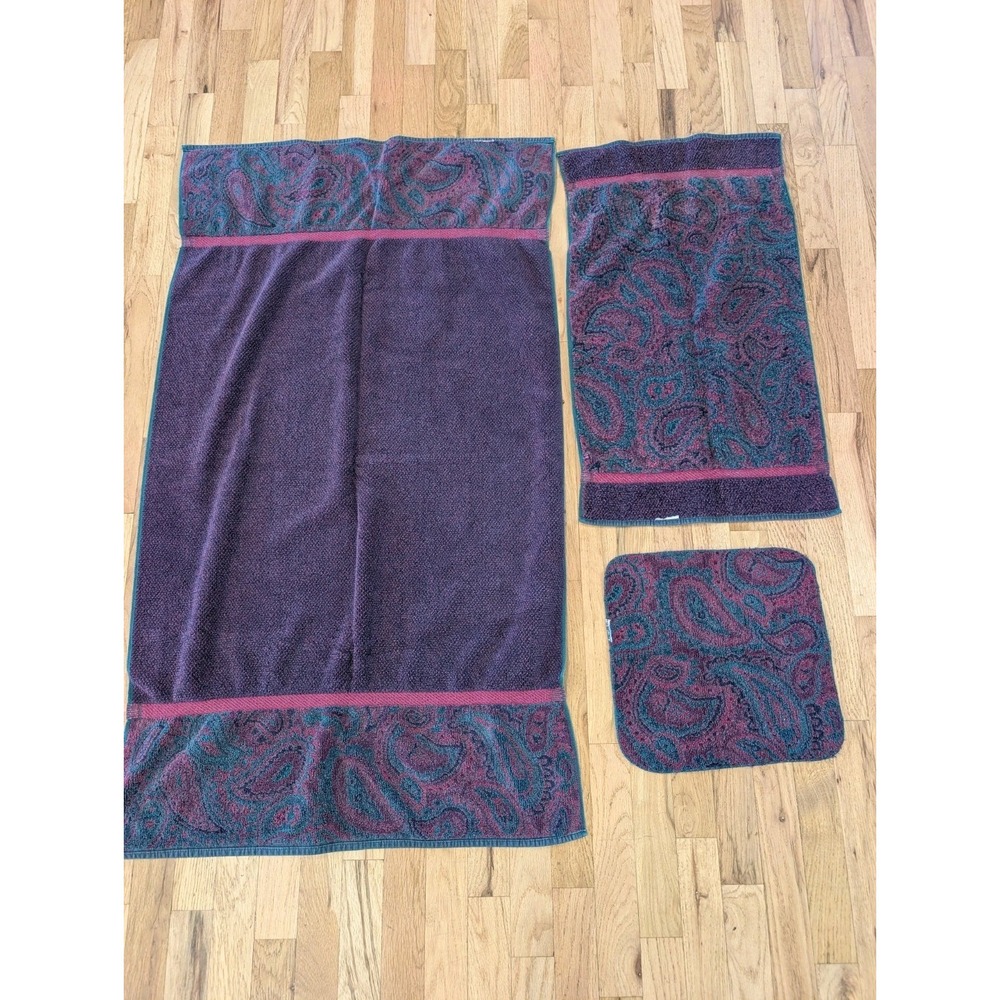 VTG Fieldcrest Royal Velvet Towel Set Paisley Green Burgundy Bath Hand Washcloth - Picture 11 of 11
